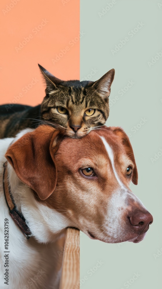 Fototapeta premium Brown Dog with Collar and Tabby Cat Sitting Above Head, Both Looking Forward