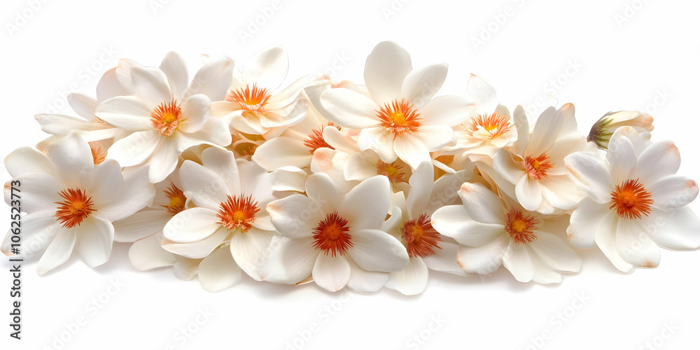 A cluster of white flowers with orange centers arranged artistically. A cluster of white flowers with orange centers arranged artistically.