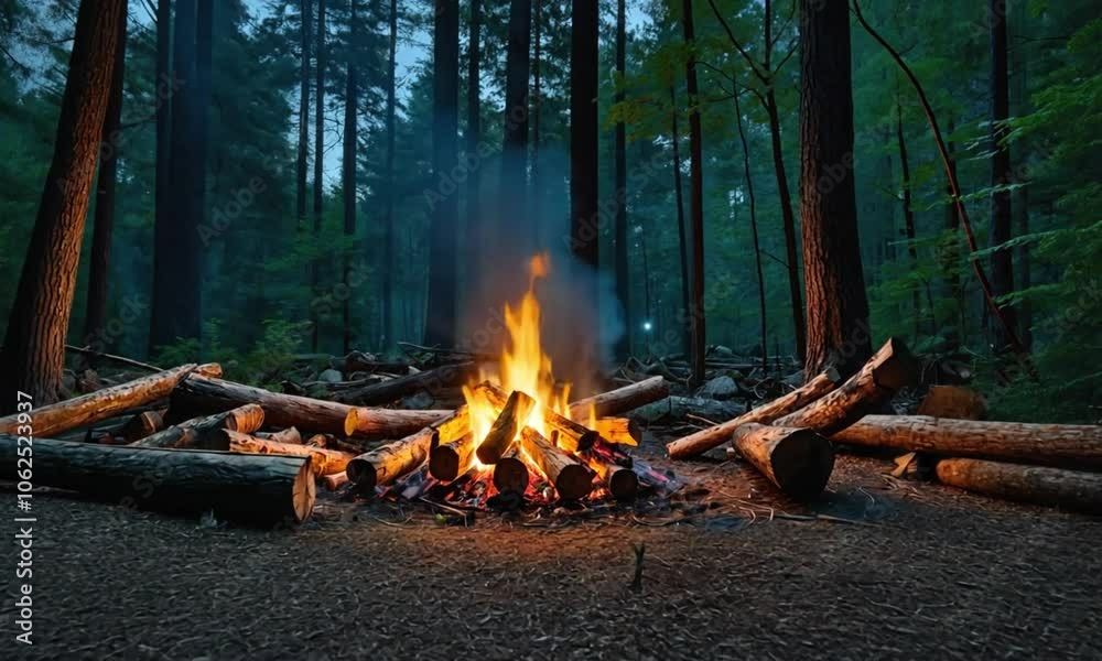 Cozy campfire burning in a forest setting at dusk Cozy campfire burning in a forest setting at dusk