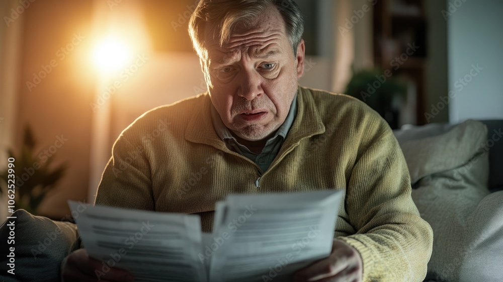 Hyperrealistic photo of a senior man sitting on his sofa, staring down at paperwork with concern. The bright light illuminates his worried face, and the photo is styled like a luxury magazine spread, Hyperrealistic photo of a senior man sitting on his sofa, staring down at paperwork with concern. The bright light illuminates his worried face, and the photo is styled like a luxury magazine spread,