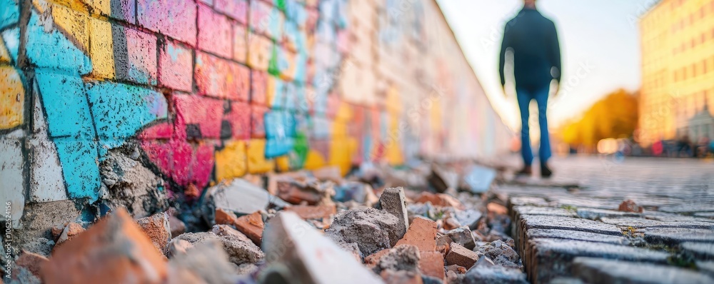 Naklejka premium Urban graffiti wall with colorful art and bricks on the ground in soft sunlight.