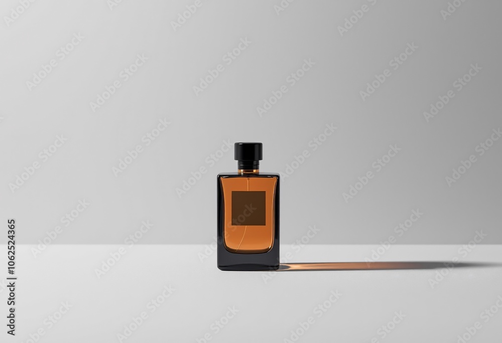A sleek perfume bottle casting a shadow on a minimalist surface. A sleek perfume bottle casting a shadow on a minimalist surface.