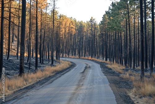 Road through a fire-scorched pine forest, signs of regrowth and resilience