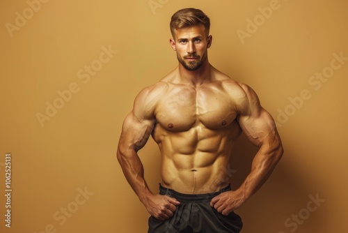 Smart and muscular man presenting confidently, fit body emphasized against a solid color backdrop, blending mental sharpness with physical strength photo