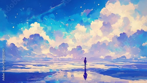 Anime Cloudscape Seamless Loop with Reflective Ocean Background