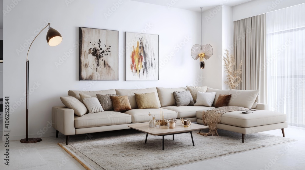 A realistic photo of a contemporary living room with white walls and a beige sofa The room is accented by a soft rug, a coffee table, and a standing floor lamp Decorative paintings and plush cushions A realistic photo of a contemporary living room with white walls and a beige sofa The room is accented by a soft rug, a coffee table, and a standing floor lamp Decorative paintings and plush cushions