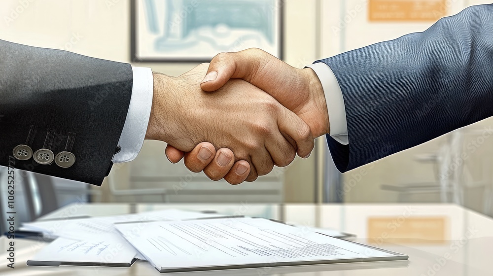 High-resolution photorealistic scene of two businessmen shaking hands over a finalized contract. The clean office space and professional decor emphasize the importance of the business meeting, High-resolution photorealistic scene of two businessmen shaking hands over a finalized contract. The clean office space and professional decor emphasize the importance of the business meeting,