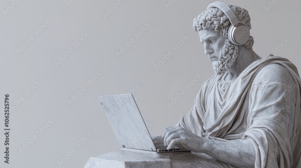 Classical Greek marble statue of warrior with modern headphones and laptop, minimalist background.