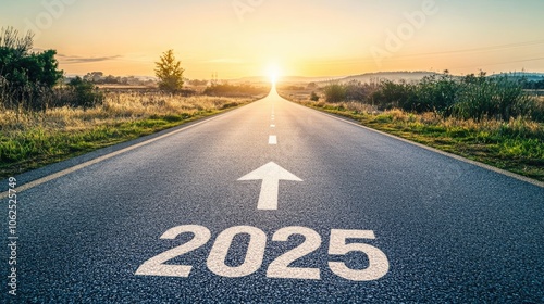 Text "2025" and arrow pointing towards the horizon written on asphalt features a long, empty road stretching toward a glowing horizon, symbolizing hope, success, and positivity in the new year.