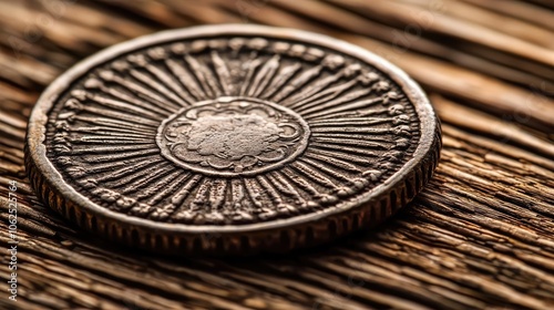 Vintage coin with intricate design on rustic wooden surface photo