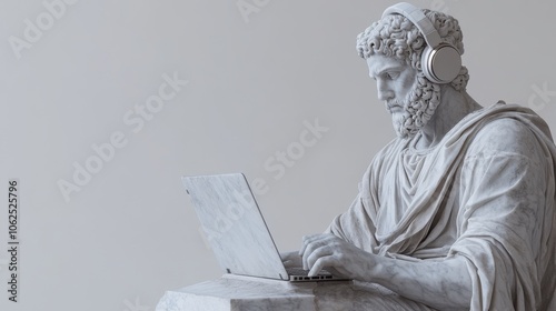 Obraz na płótnie Classical Greek marble statue of warrior with modern headphones and laptop, minimalist background.
w salonie