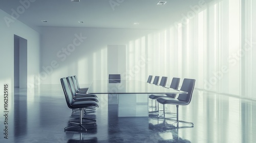 High-resolution photorealistic shot of an empty boardroom with a minimalist design A large glass table and sleek chairs dominate the space, bathed in soft light Styled to resemble a high-end