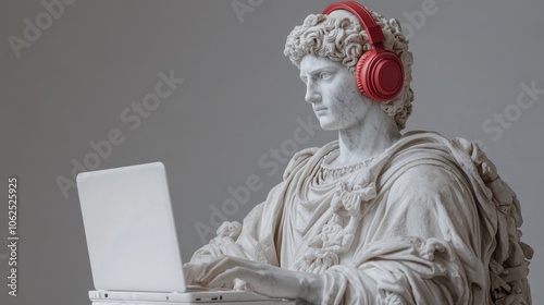 Classical Greek marble statue of warrior with modern headphones and laptop, minimalist background.

