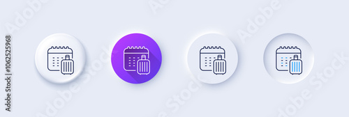 Baggage calendar line icon. Neumorphic, Purple gradient, 3d pin buttons. Travel luggage sign. Journey bag claim symbol. Line icons. Neumorphic buttons with outline signs. Vector