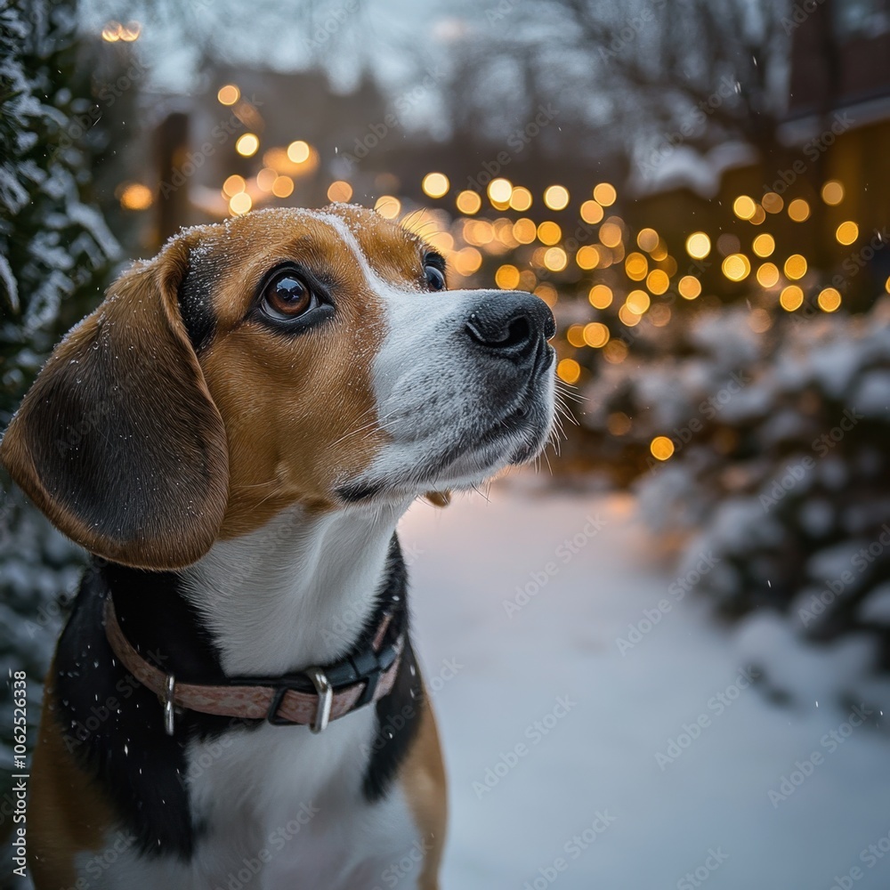 Emotional photo of Beagle in snowy garden with Christmas lights and natural lighting.