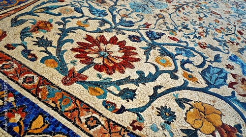 An exquisite antique mosaic featuring intricate floral motifs, showcasing the artistry and craftsmanship of a bygone era. This stunning artwork displays a rich palette of colors, with detailed flowers