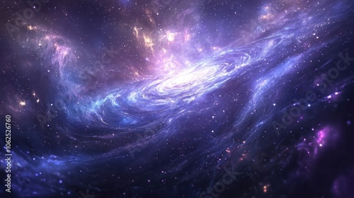 A swirling nebula with vibrant purple and blue hues, illuminating a cosmic landscape with glittering stars.