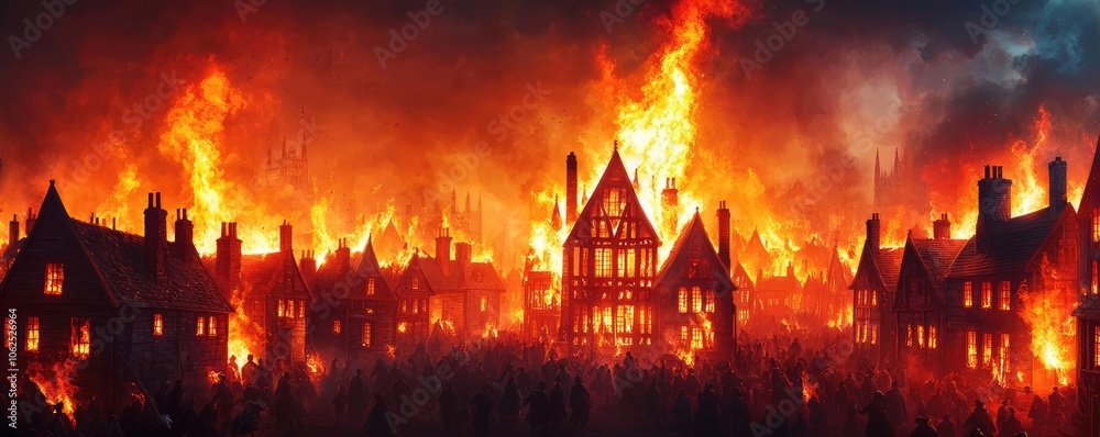 Destruction of buildings and homes in a dramatic fire scene. Destruction of buildings and homes in a dramatic fire scene.
