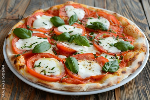 Freshly baked Margherita pizza with tomato, mozzarella, and basil on a white plate and wooden table.