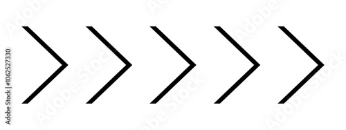 Black thin chevron arrows. Repeated V shaped stripes patern. Direction, motion, road caution, download, next, military or navigation sign isolated on white background. Vector graphic illustration.