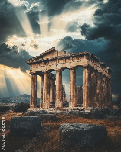 Obraz na płótnie Ancient Greek temple ruins with god statue, open landscape, clouds, and sun rays.
w salonie