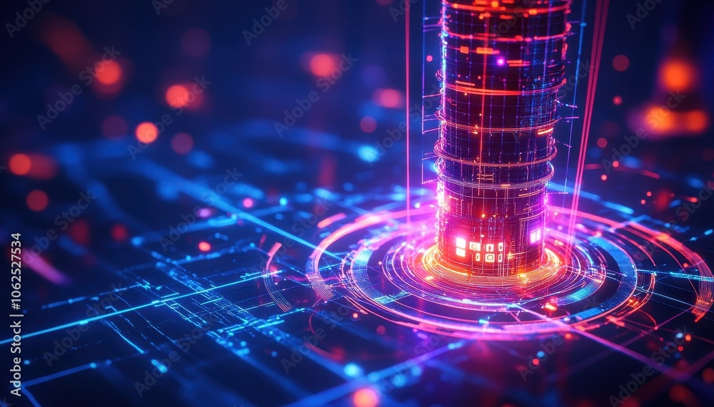 Neon-Lit Abstract Structure with Circular Lights Neon-Lit Abstract Structure with Circular Lights