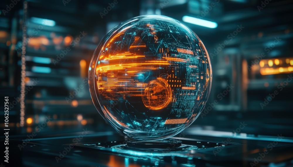 A futuristic globe with digital data and lines flowing through it A futuristic globe with digital data and lines flowing through it