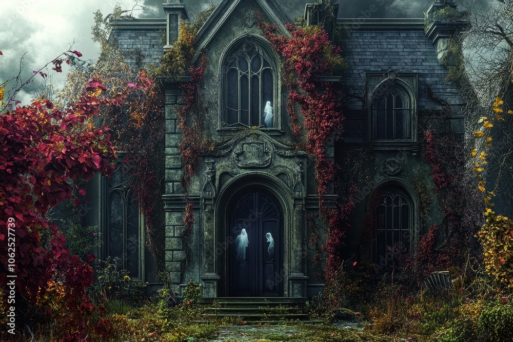 A Haunted Manor with Two Ghosts Standing in the Doorway