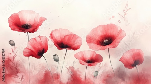Red poppies watercolor abstract background on white, poppies flowers artistic background.