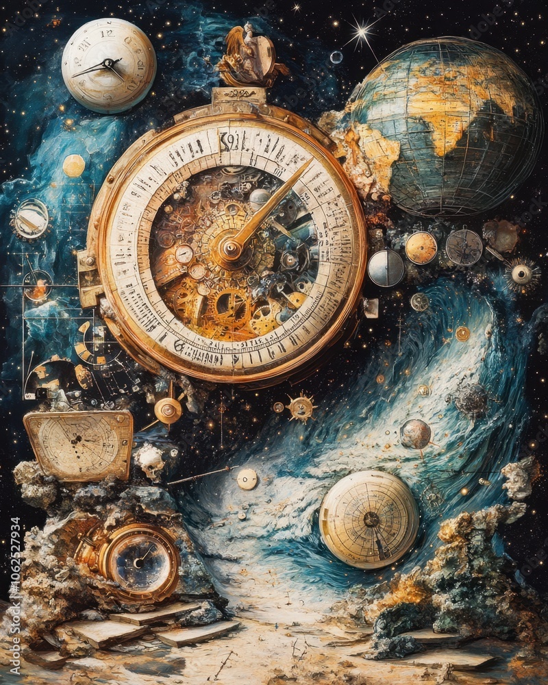 Liquid gold and ink swirl with fragmented clock gears and hourglasses in a dreamlike void.