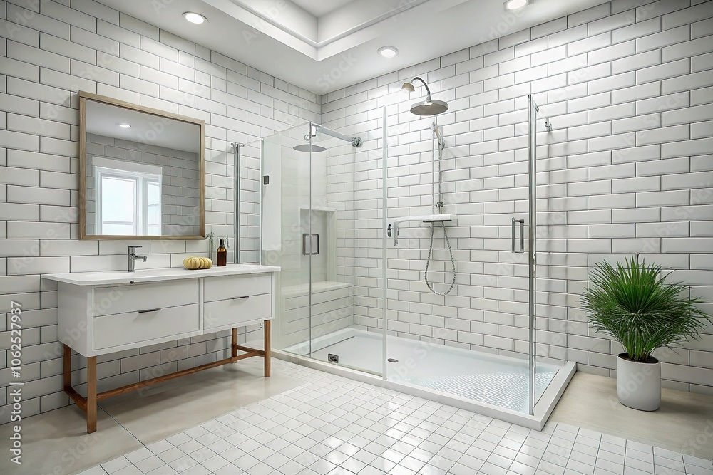 White tiled bathroom with shower area
