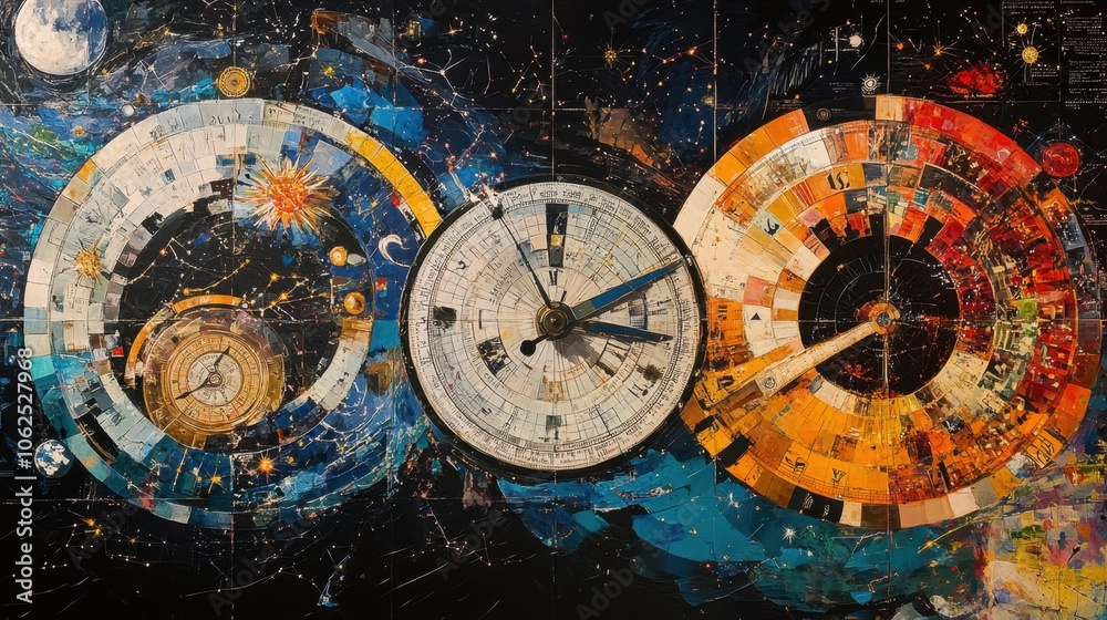 Liquid gold and ink swirl with fragmented clock gears and hourglasses in a dreamlike void.