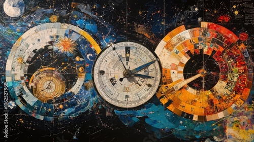 Obraz na płótnie Liquid gold and ink swirl with fragmented clock gears and hourglasses in a dreamlike void.
w salonie
