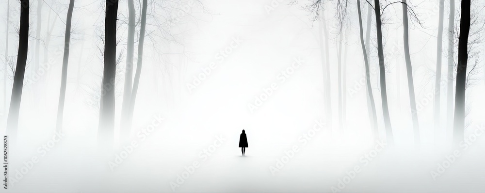Obraz premium Mysterious figure walking through a foggy forest, creating a surreal atmosphere.