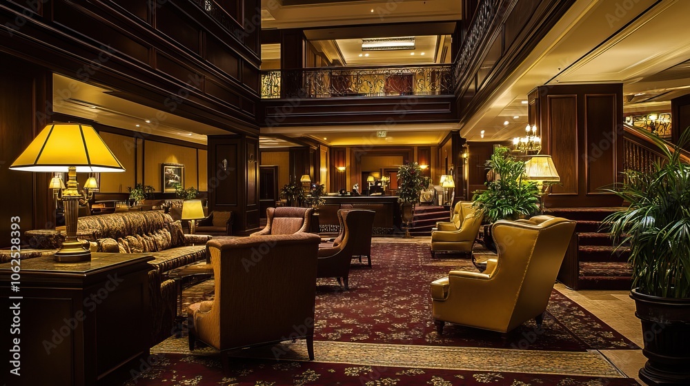Naklejka premium Luxurious Hotel Lobby with Dark Wood, Gold Accents, and Comfortable Seating