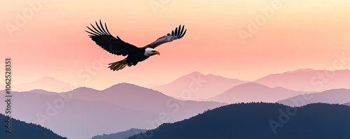 Majestic eagle soaring over misty mountains at sunset