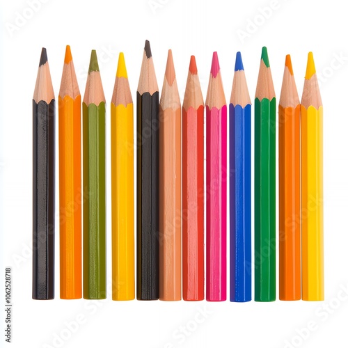 Row of 14 sharpened colored pencils on white background.