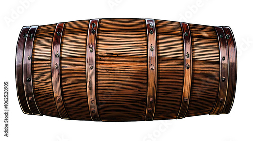 Wooden barrel on a white isolate background, perfect for rustic and vintage themes in food and beverage settings. photo