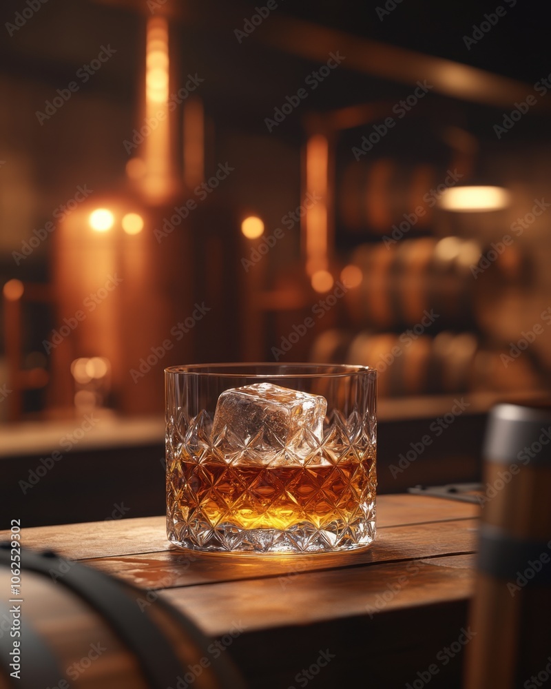 Crystal glass of whiskey with ice on barrel in dimly lit Scottish distillery, surrounded by oak barrels.
Crystal glass of whiskey with ice on barrel in dimly lit Scottish distillery, surrounded by oak barrels.