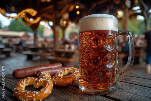 Tall mug of German beer with foam head on rustic table in Bavarian beer hall with festive crowd.

 photo