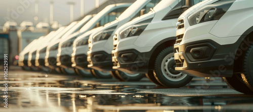 Transporting service company. Delivery logistics. White delivery vans in row. Parkende Autos, vehicle. Commercial fleet. AI generated image