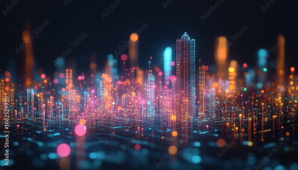 Digital Cityscape with Vibrant Neon Lights and Bokeh Effects Digital Cityscape with Vibrant Neon Lights and Bokeh Effects