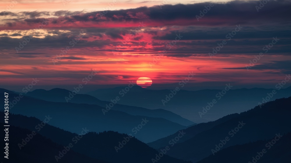 Vibrant Sunset Over Mountain Range with Forested Valley Below Vibrant Sunset Over Mountain Range with Forested Valley Below