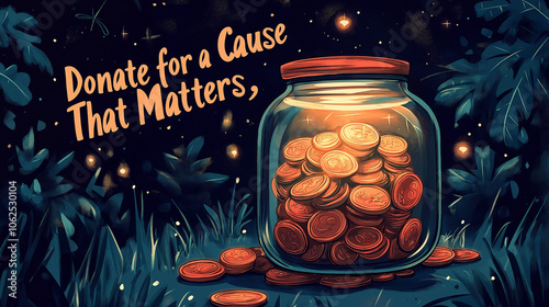 Illustrated jar filled with coins, with text 