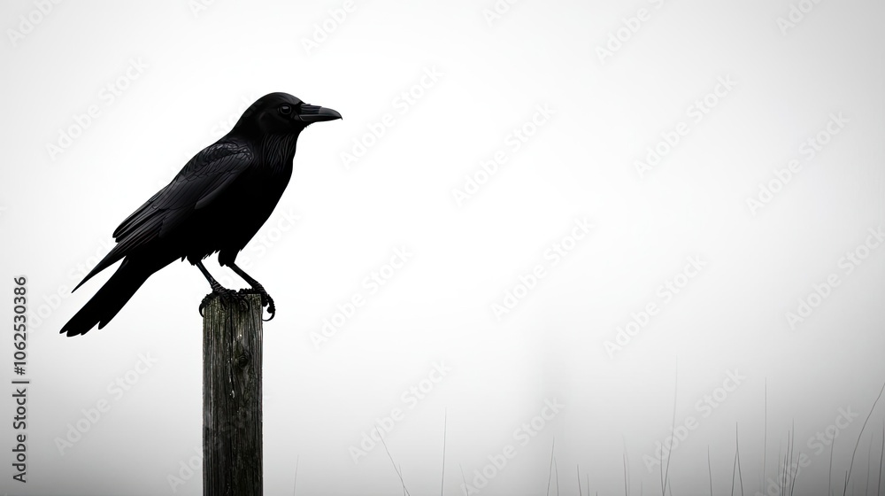 Crow perched on a post, foggy background, moody and tranquil atmosphere. Crow perched on a post, foggy background, moody and tranquil atmosphere.