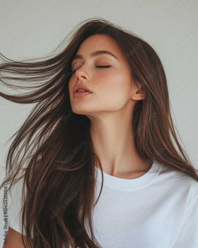 Woman with sleek, straight hair under soft studio lights, hand through hair, in professional beauty setting.
Woman with sleek, straight hair under soft studio lights, hand through hair, in professional beauty setting.