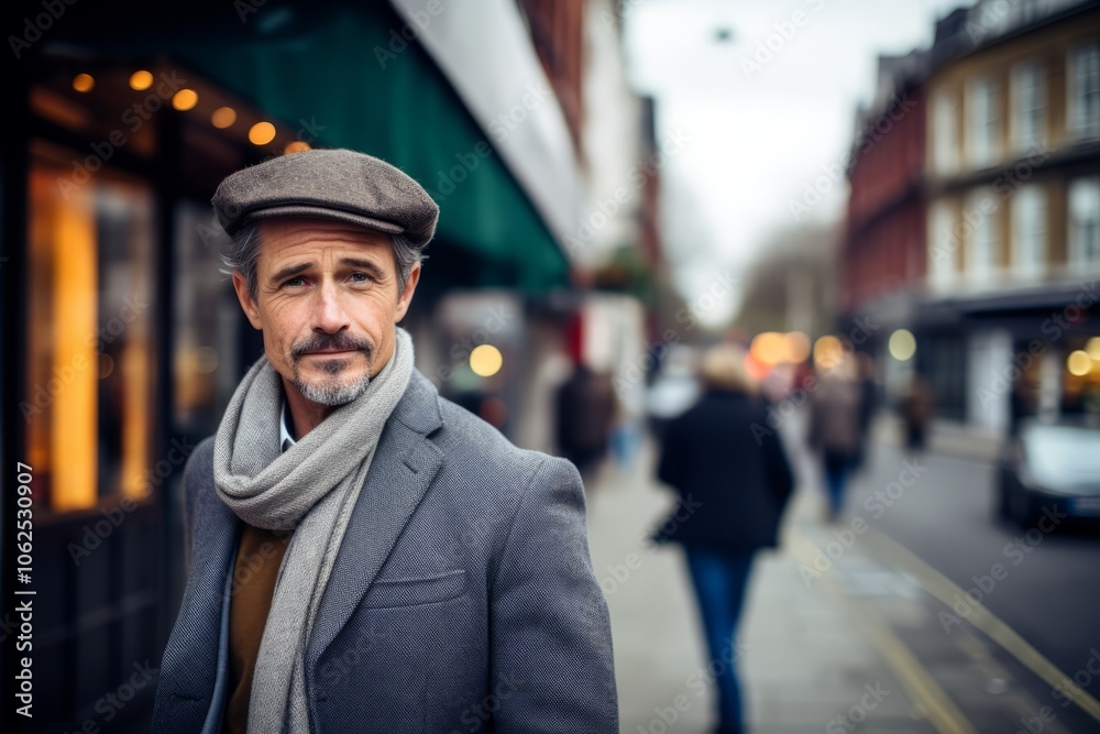 Portrait of a senior man wearing a beret and coat on a city street. Portrait of a senior man wearing a beret and coat on a city street.