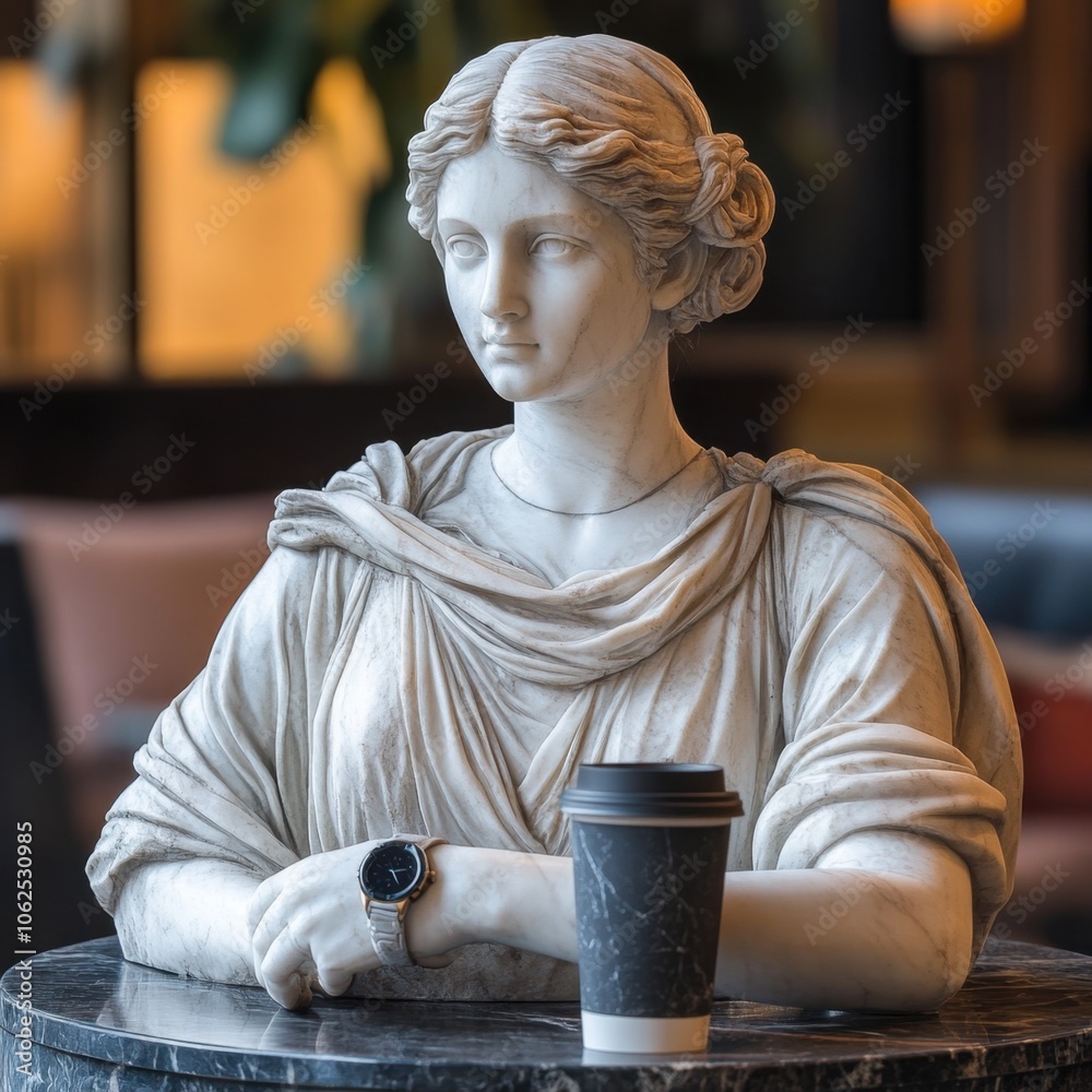 Classical Greek-style marble statue of goddess holding to-go coffee and wearing smartwatch.