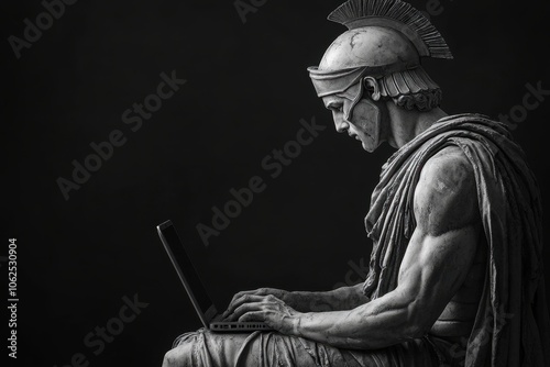 Marble statue of Greek warrior with headphones and laptop, neutral background, classical and modern contrast.

