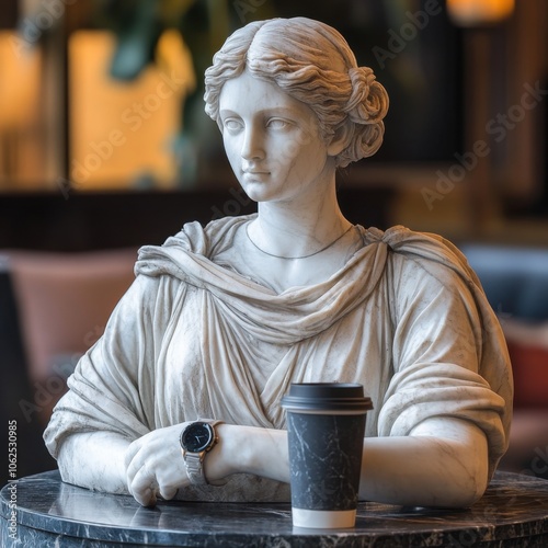 Obraz na płótnie Classical Greek-style marble statue of goddess holding to-go coffee and wearing smartwatch.
w salonie